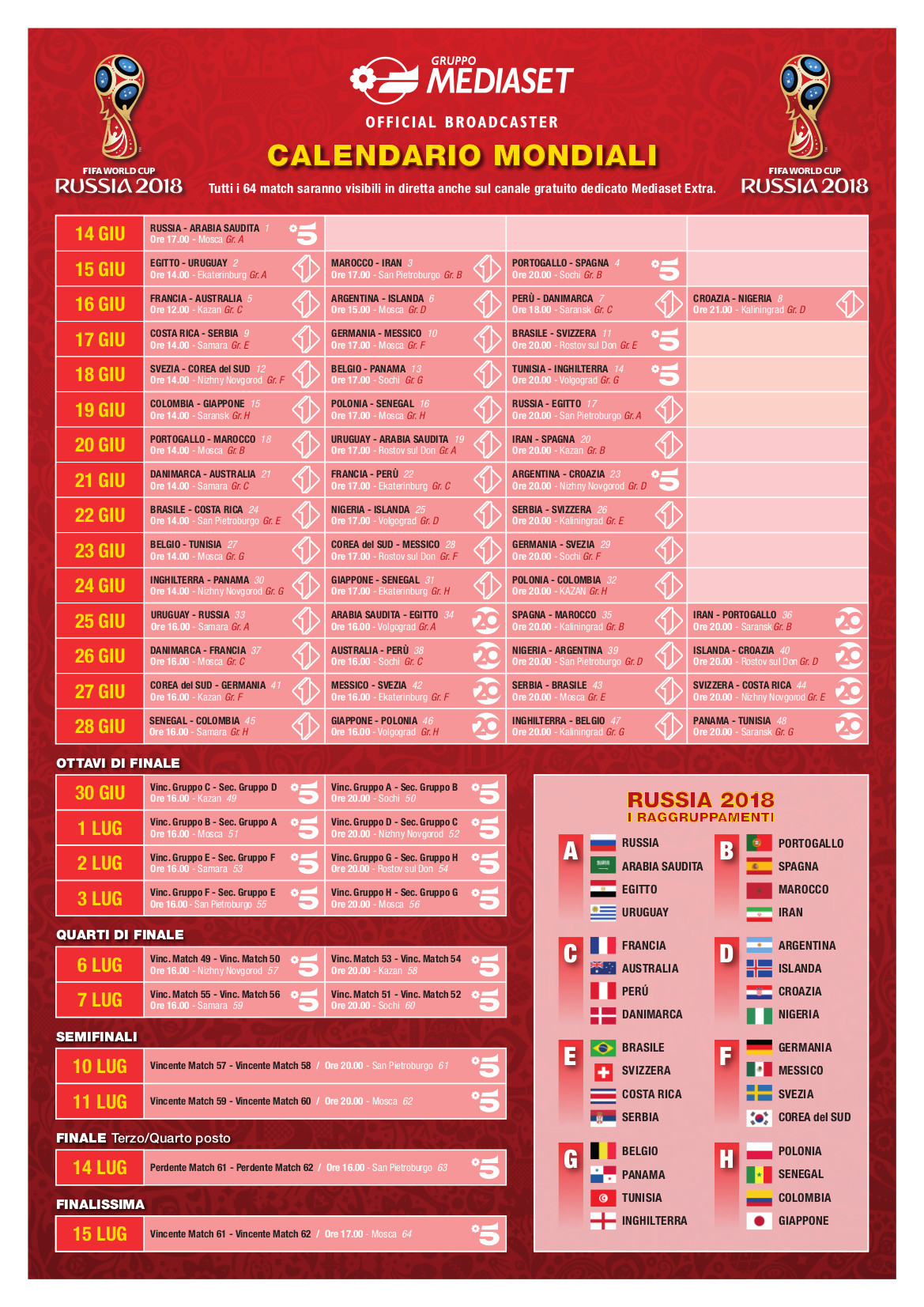 calendario mondiali di russia 2018