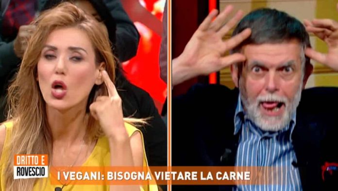Dritto e rovescio, vegani nel mirino: Jacopo Fo urla “sta zitta!” contro Daniela Martani | video Mediaset Daniela Martani e Jacopo Fo ospiti a Dritto e Rovescio